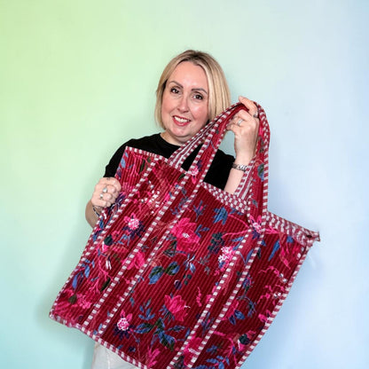 Large Priya Red Velvet Boho Kantha Bag