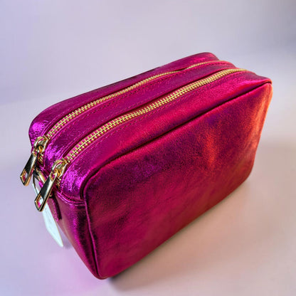 Zara Raspberry Metallic Leather Crossbody Bag