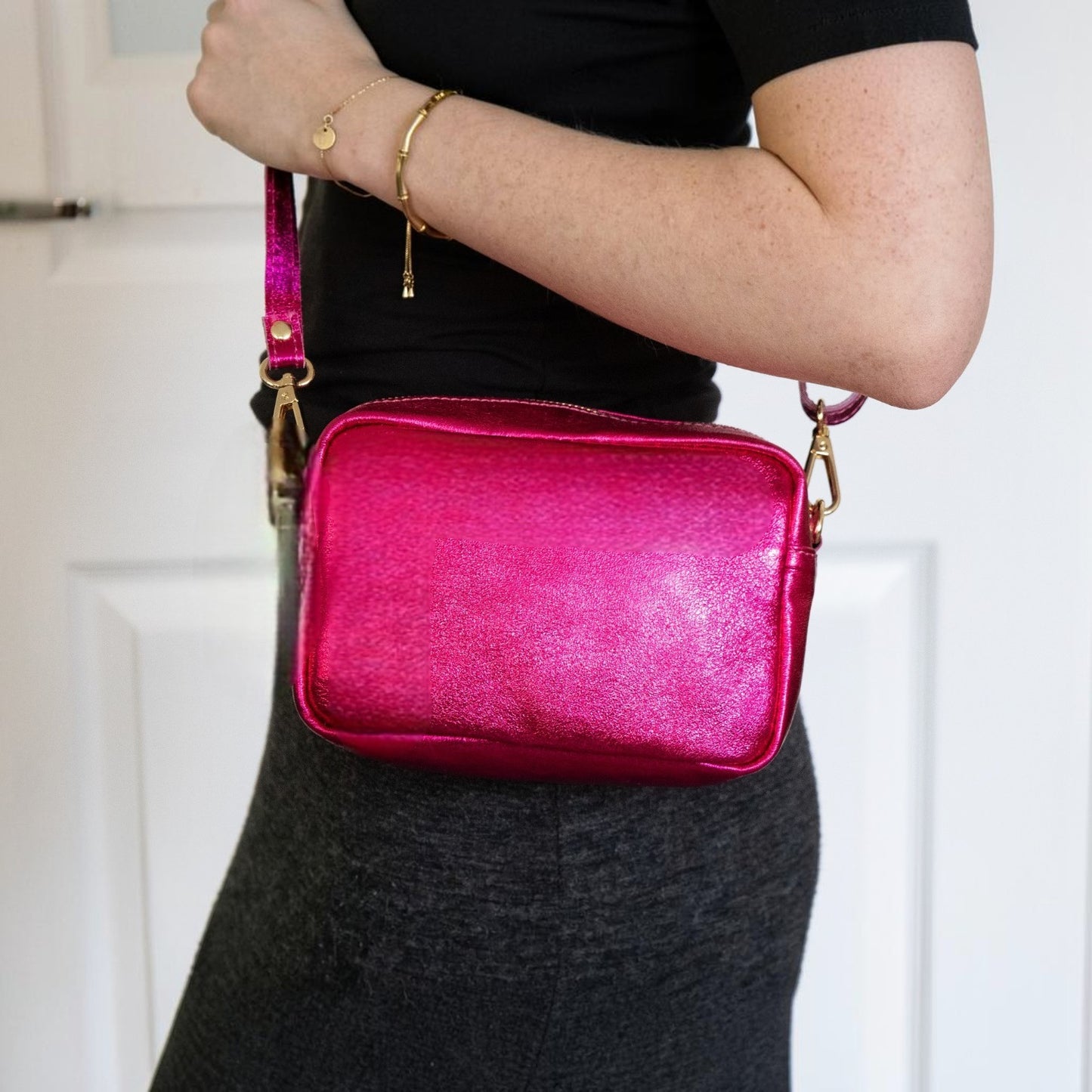Zara Raspberry Metallic Leather Crossbody Bag