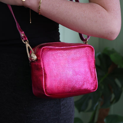 Zara Raspberry Metallic Leather Crossbody Bag
