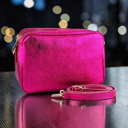 Zara Raspberry Metallic Leather Crossbody Bag