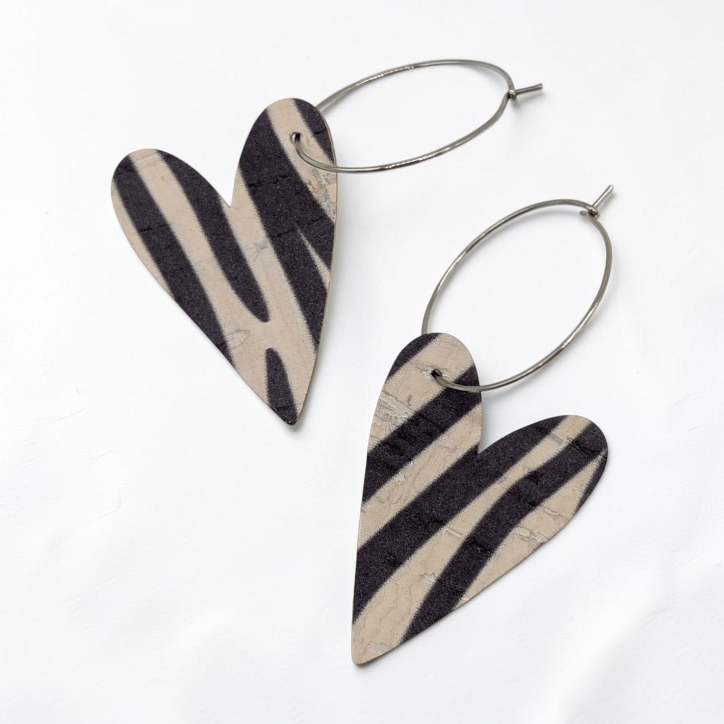 Zebra Print Cork Heart Hoop Earrings
