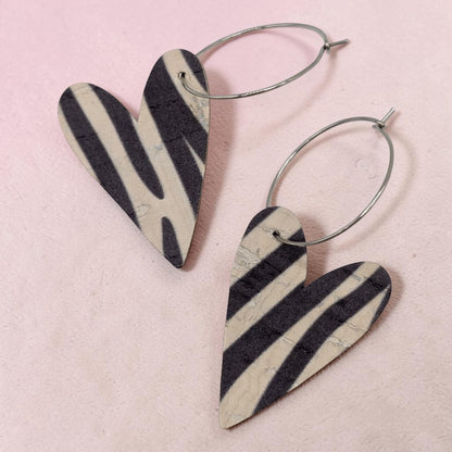 Zebra Print Cork Heart Hoop Earrings