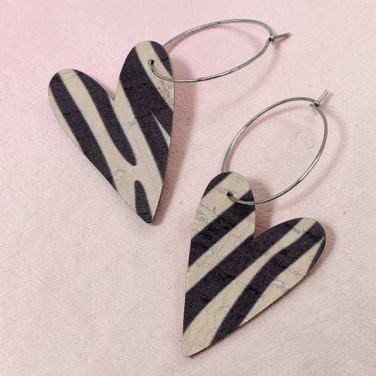 Zebra Print Cork Heart Hoop Earrings