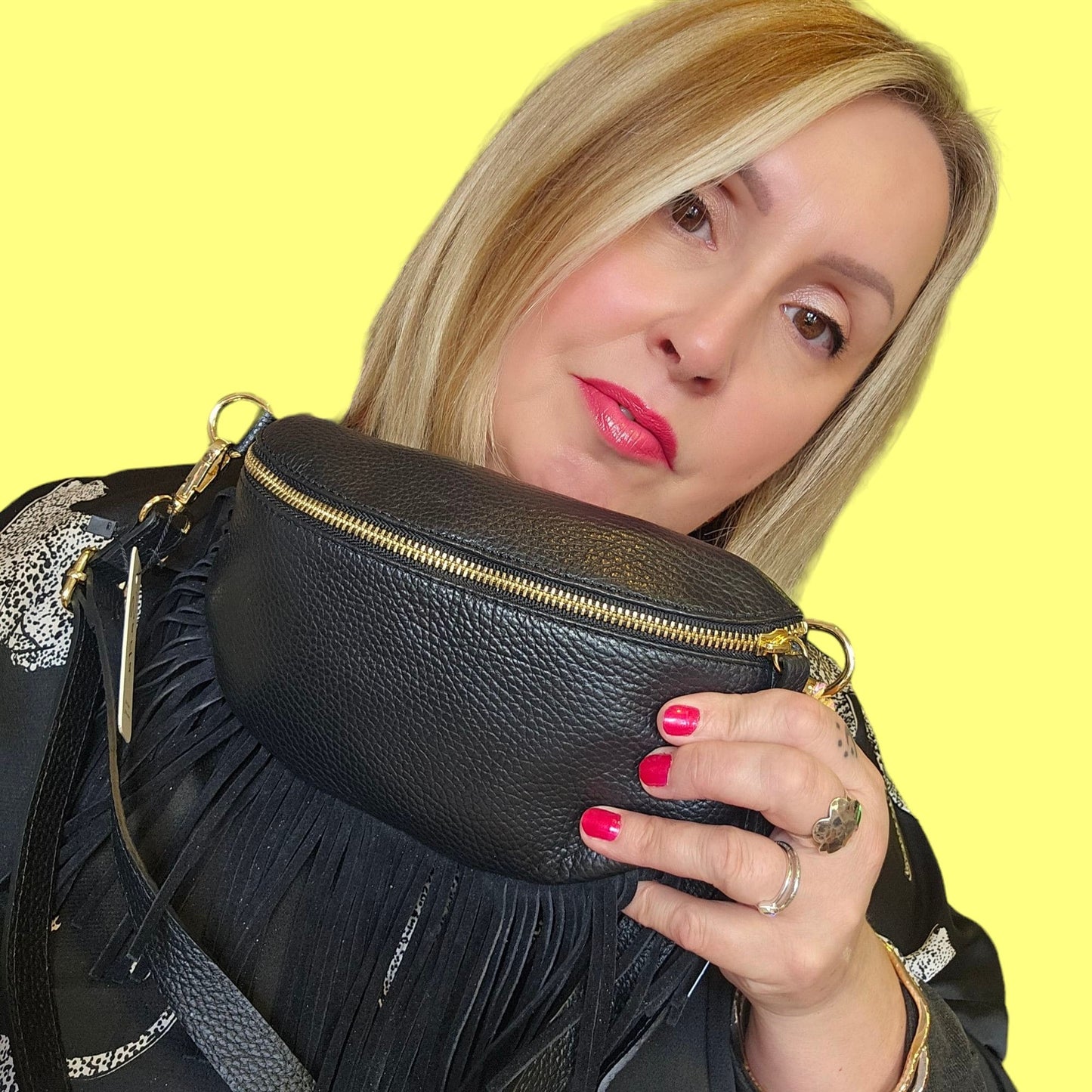 Romy Black Leather Half Moon Fringed Bag
