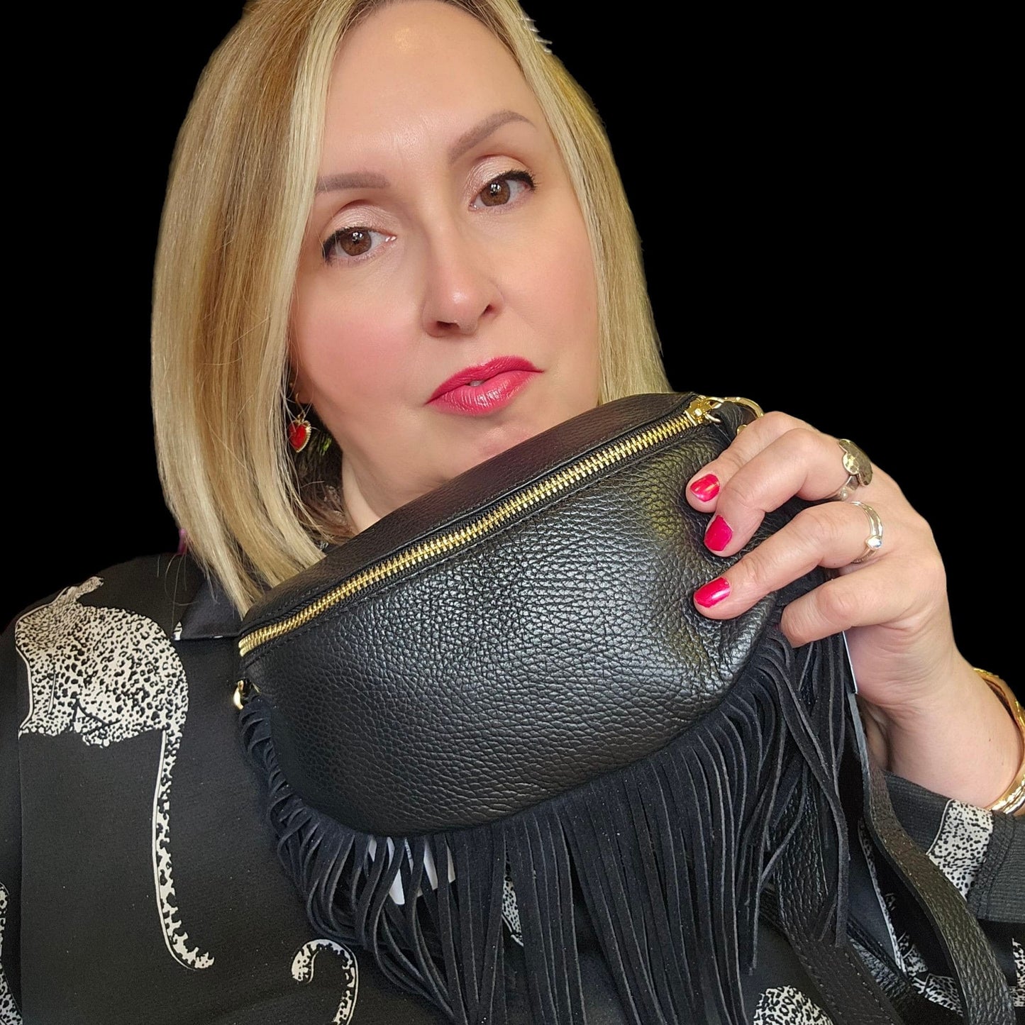 Romy Black Leather Half Moon Fringed Bag