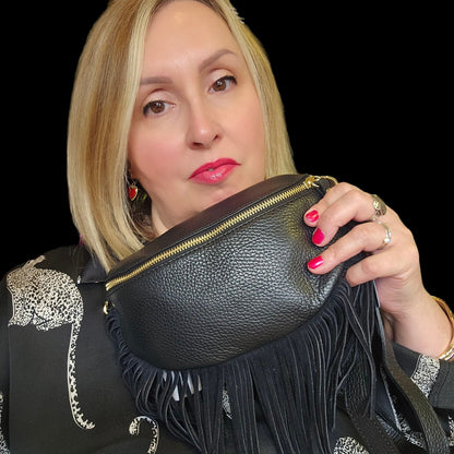 Romy Black Leather Half Moon Fringed Bag