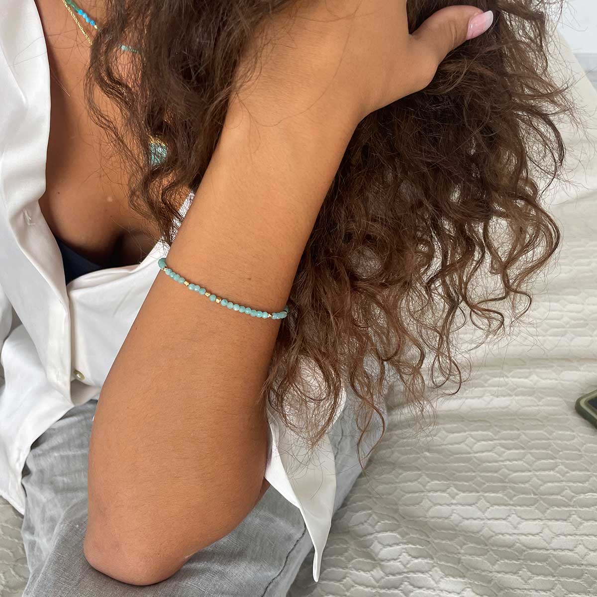 Milos Gemstone and Gold Bead Bracelet: Amazonite