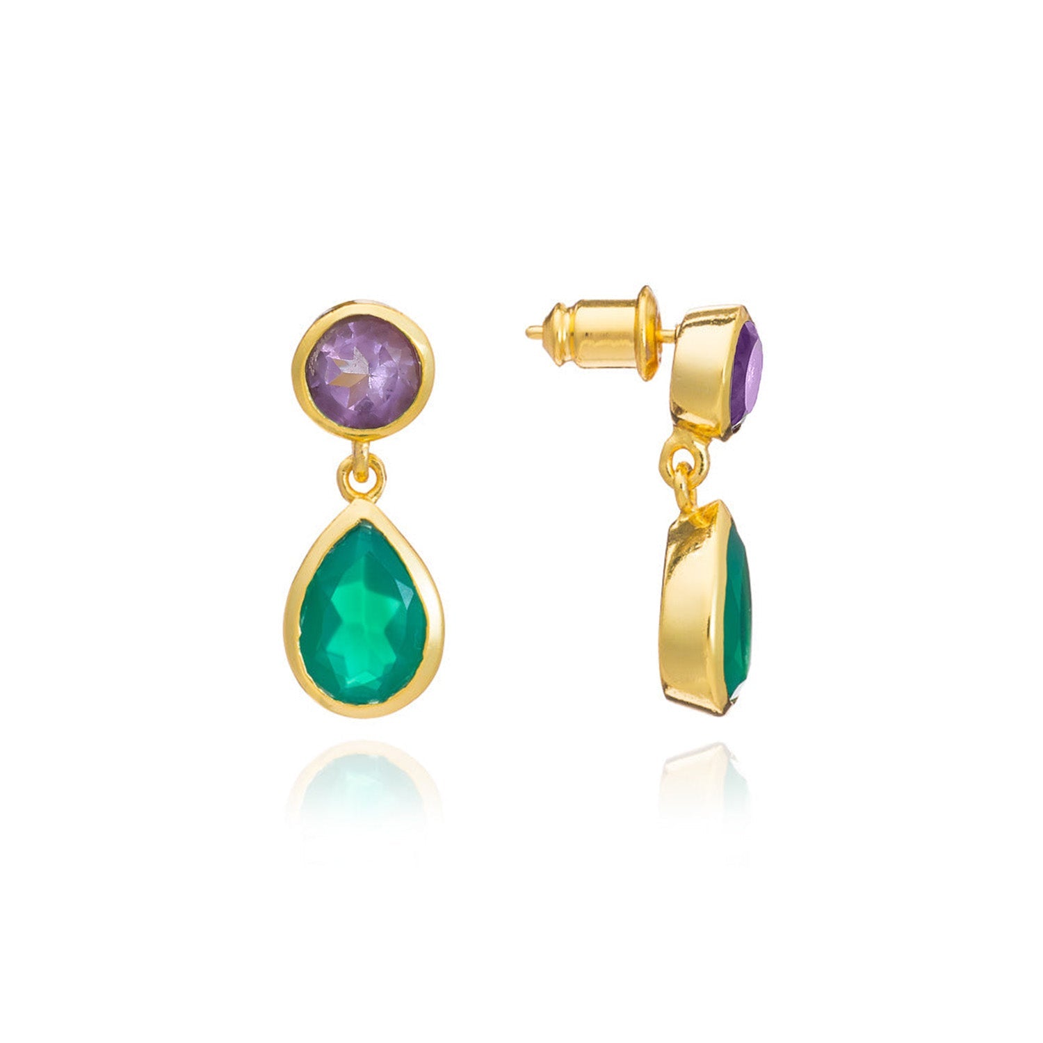 Gold earrings with green and purple stones on a white background
