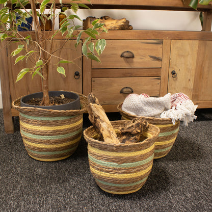 Natural, Yellow & Green Seagrass & Straw Baskets  - Set of 3