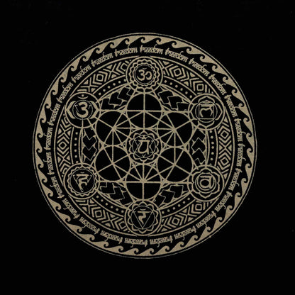 Decorative circular design with intricate patterns and symbols on a black background