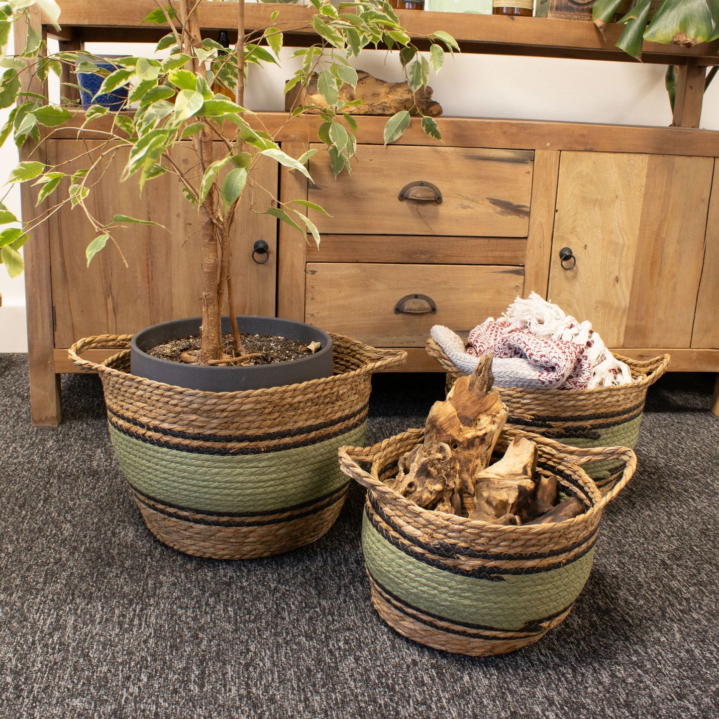 Natural, Black & Green Cotton & Seagrass Baskets - Set of 3