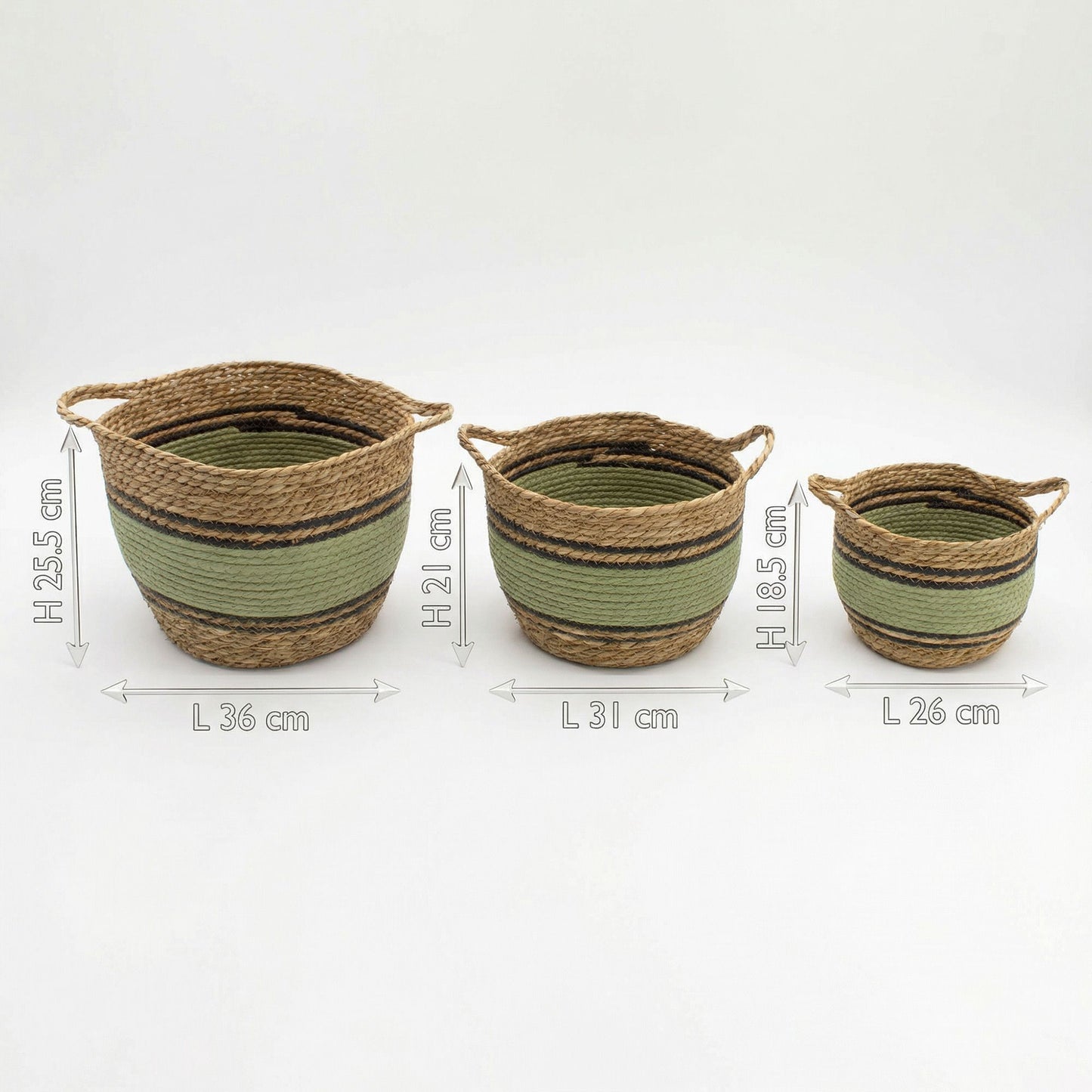 Natural, Black & Green Cotton & Seagrass Baskets - Set of 3