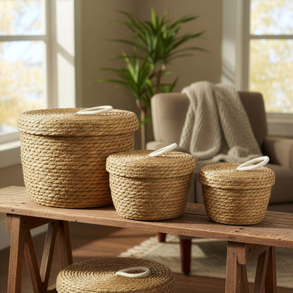 Natural Seagrass & Cotton Round Baskets with Lids - Set of 3