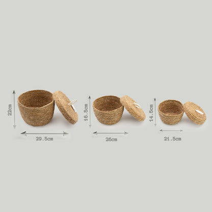 Natural Seagrass & Cotton Round Baskets with Lids - Set of 3