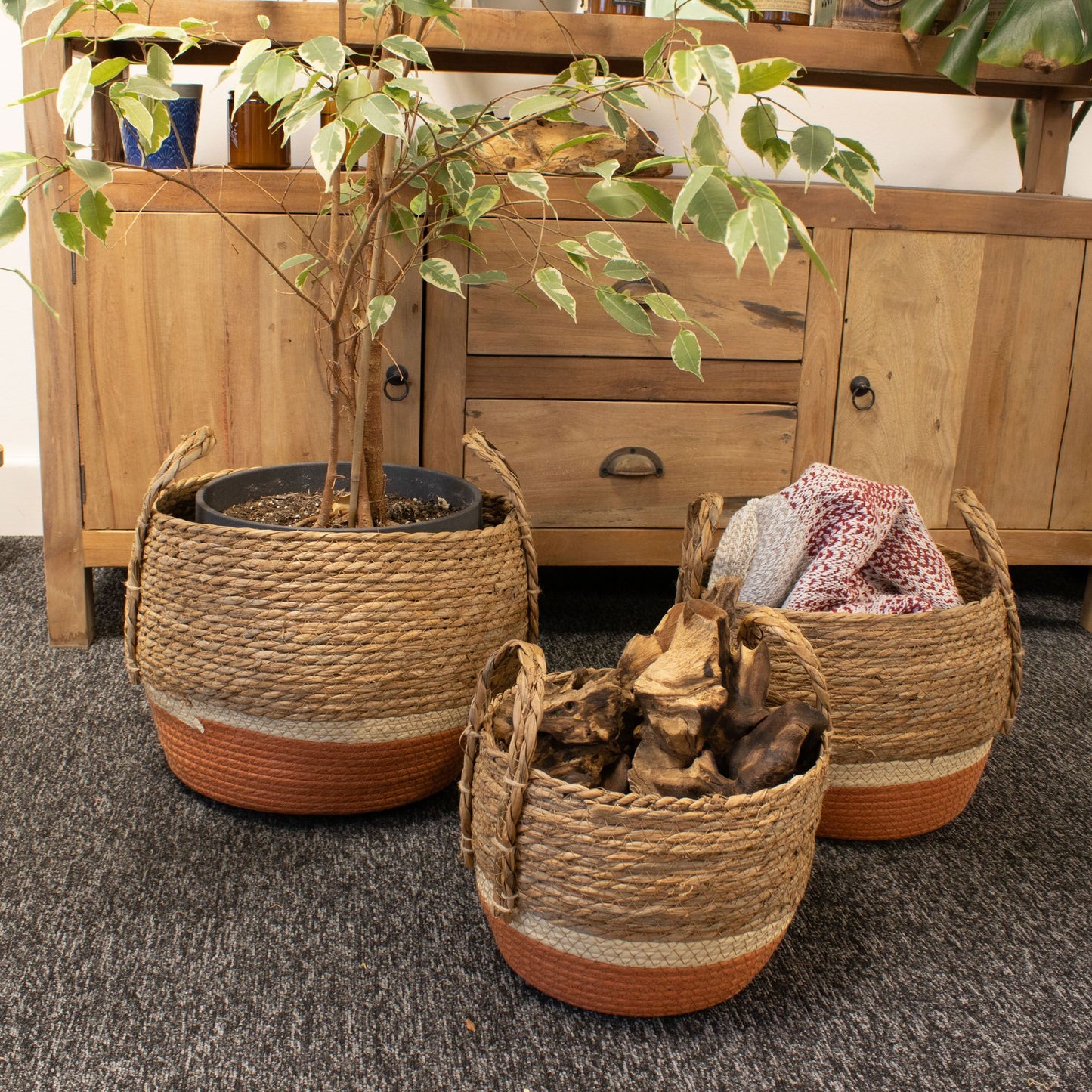 Natural & Orange Straw & Seagrass Baskets - Set of 3