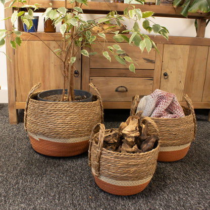 Natural & Orange Straw & Seagrass Baskets - Set of 3