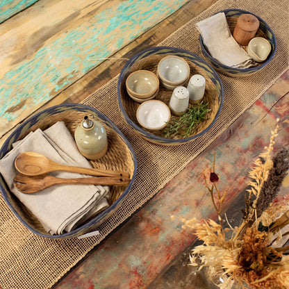 Natural, Green & Blue Straw & Seagrass Tray Baskets - Set of 3
