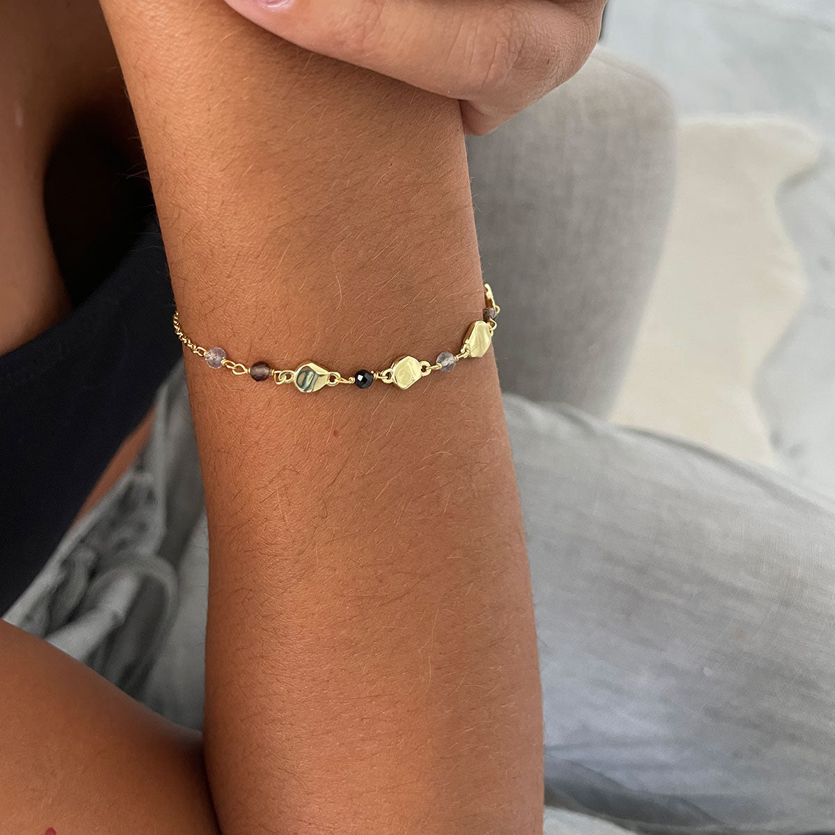 Sofia Nugget Bracelet: Black Onyx, Smoky Quartz & Labradorite