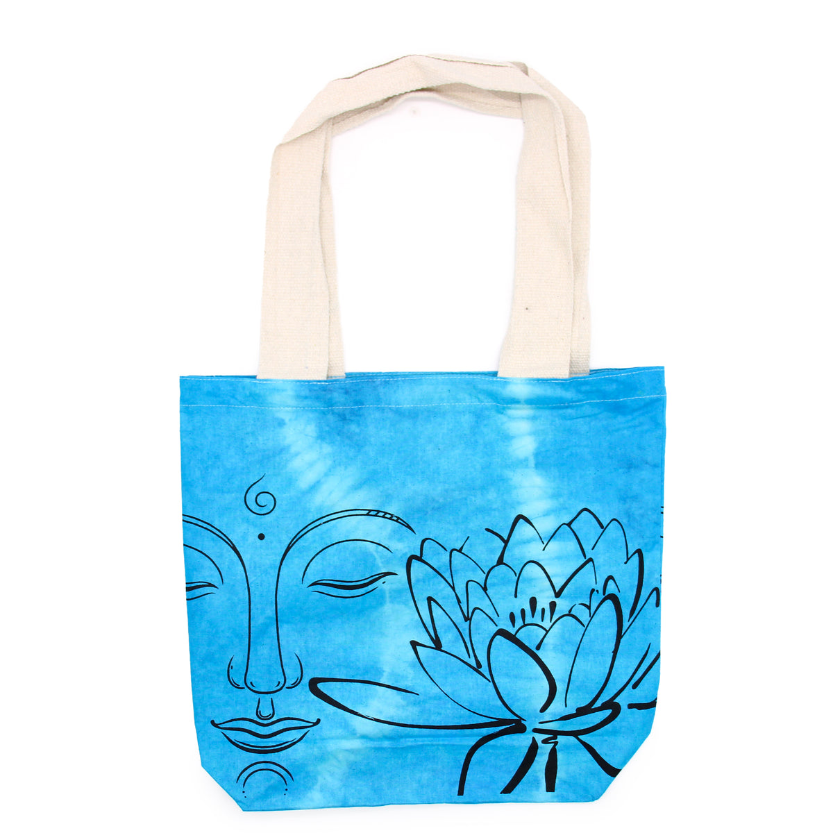 Tote bag with blue tie-dye design featuring a face and lotus flower on a white background