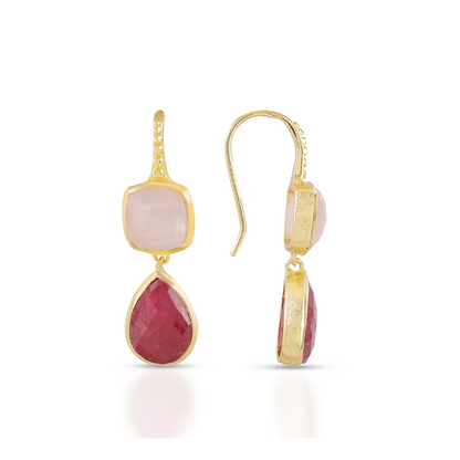 Charis Double Gemstone Earrings: Rose Quartz & Ruby