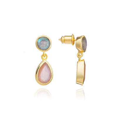 Gold Double Gemstone Drop Earrings: Peach Moonstone & Labradorite