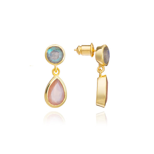 Gold Double Gemstone Drop Earrings: Peach Moonstone & Labradorite