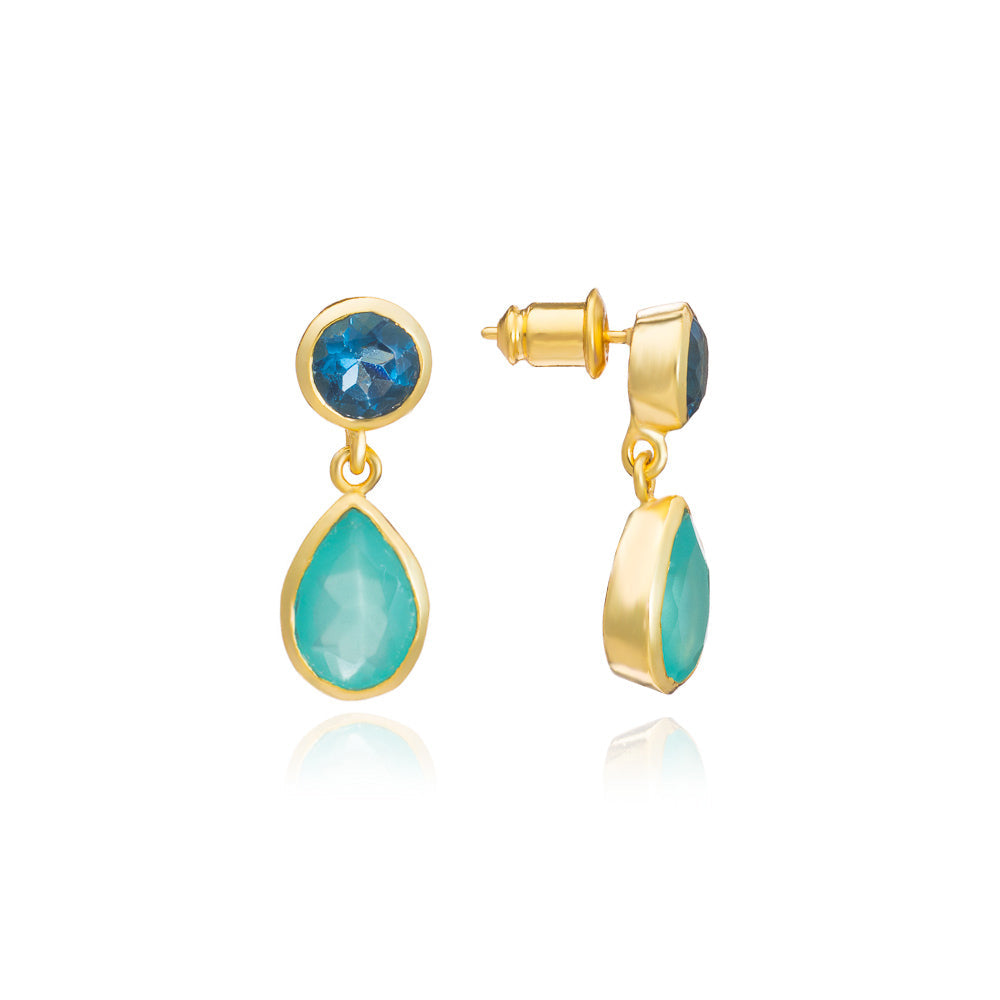 Gold Double Gemstone Drop Earrings: Pariba Onyx & Iolite