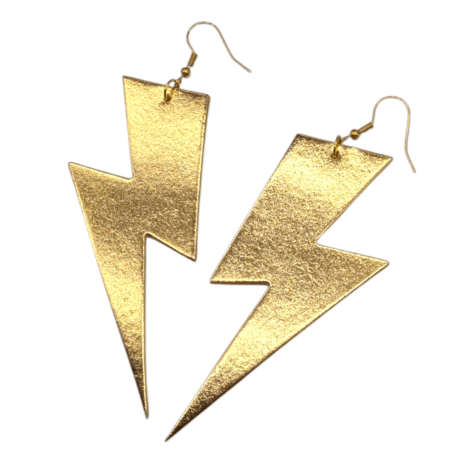Gold lightning bolt earrings on a white background