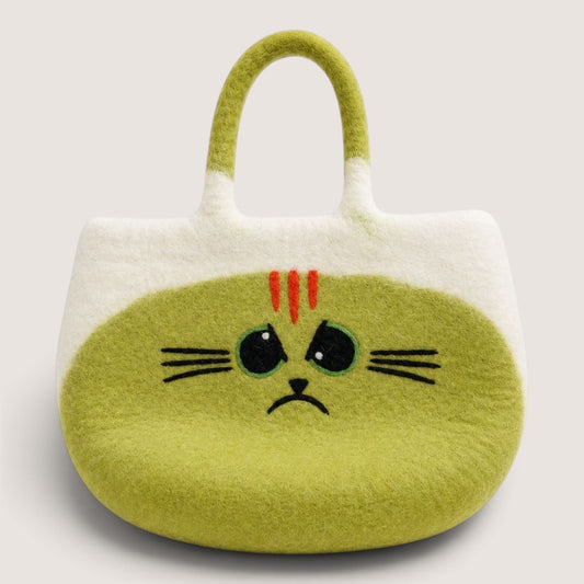 Large Grumpy Cat Felted Bag in lime green and cream, with a grumpy cat face, red forehead stripes and whiskers