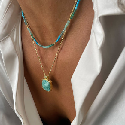 Milos Mixed Gemstone Beaded Necklace:  Amazonite, Copper Turquoise & Green Jade