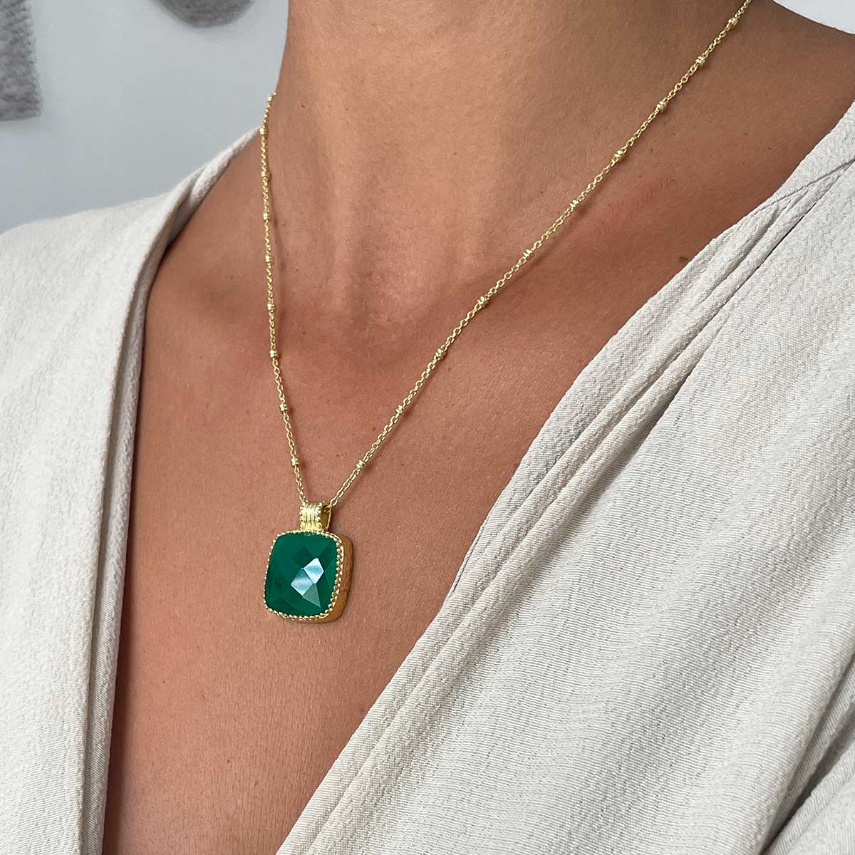 Tetra Large Square Gemstone Pendant: Green Onyx