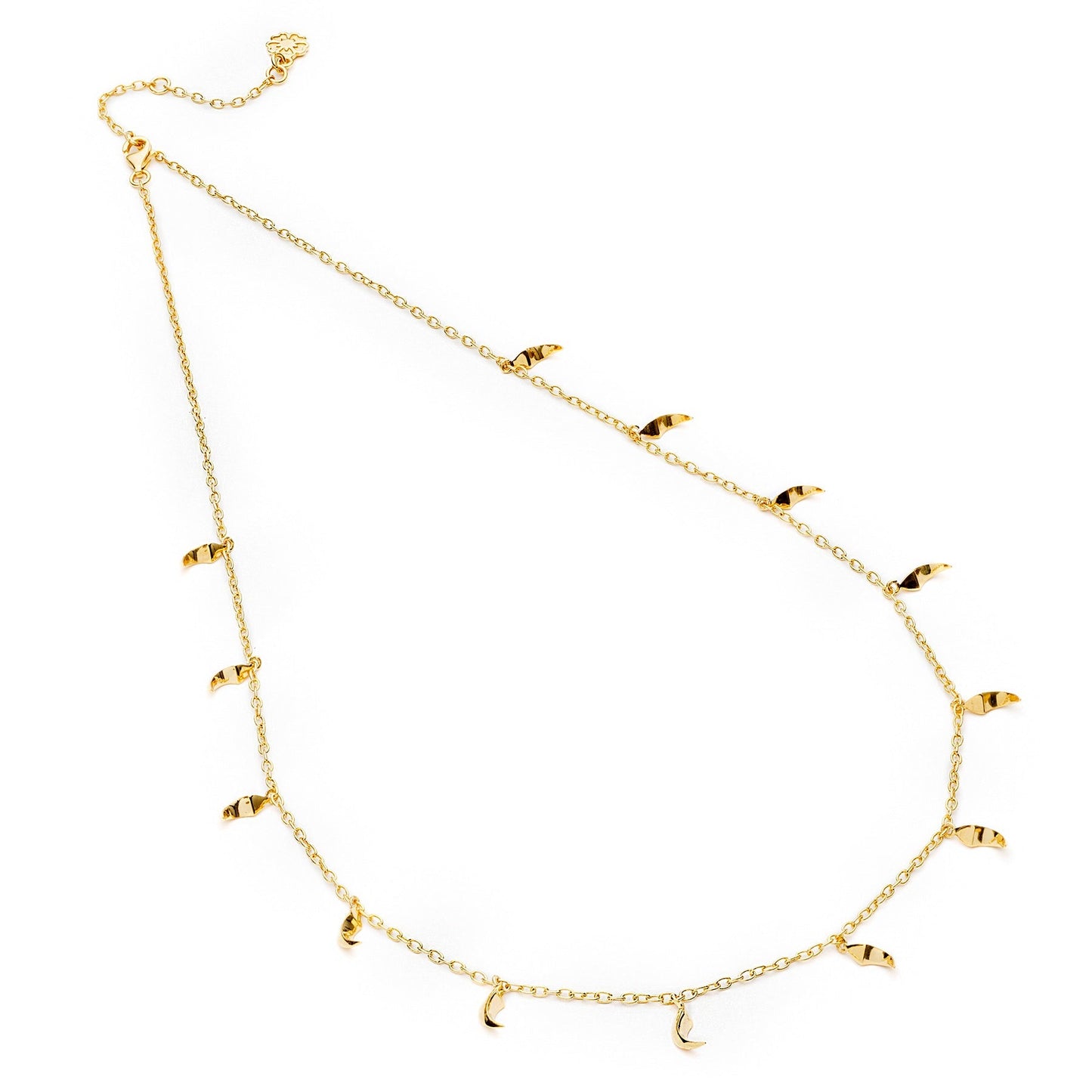 Gold necklace with small pendants on a white background