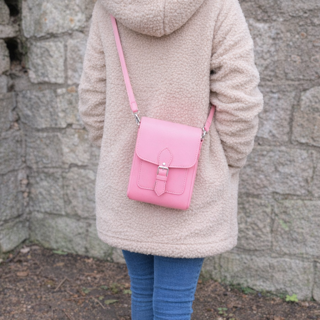 Person wearing a beige coat with a pink crossbody bag against a stone wall.