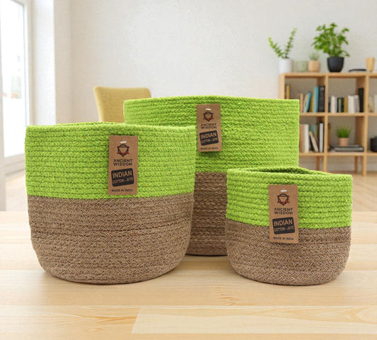 Set of 3 Cotton & Rope Baskets - Moss Green