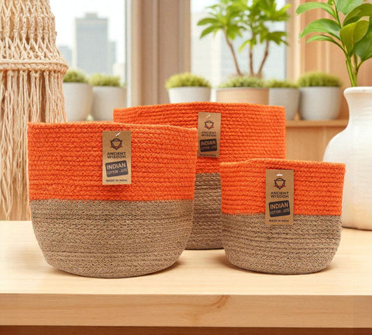 Set of 3 Cotton & Rope Baskets - Spiced Orange
