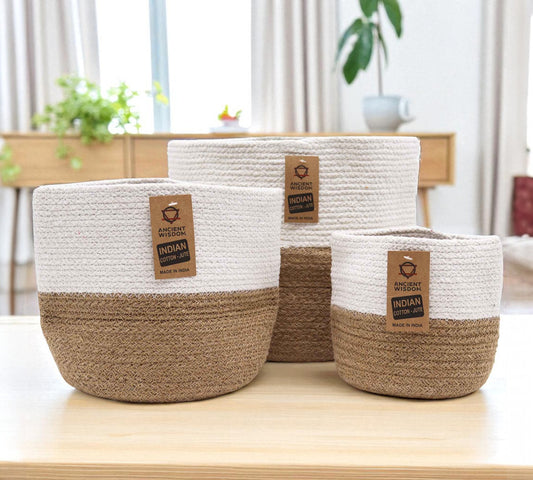 Set of 3 Cotton & Rope Baskets – White & Natural
