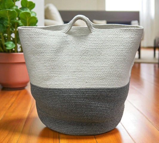 Large Cotton & Rope Basket - Grey & White With Handles