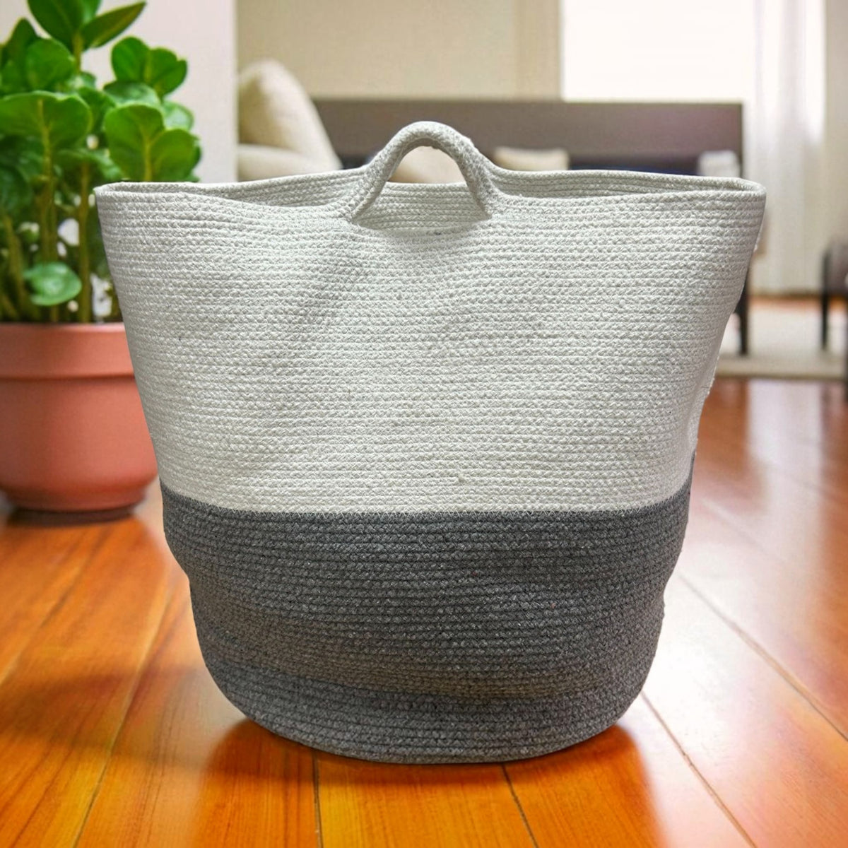 Large Cotton & Rope Basket - Grey & White With Handles