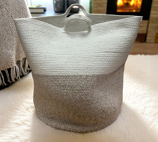 Large Cotton & Rope Basket – Natural & White with Handles