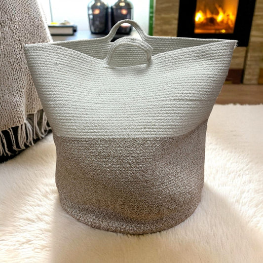 Large Cotton & Rope Basket – Natural & White with Handles